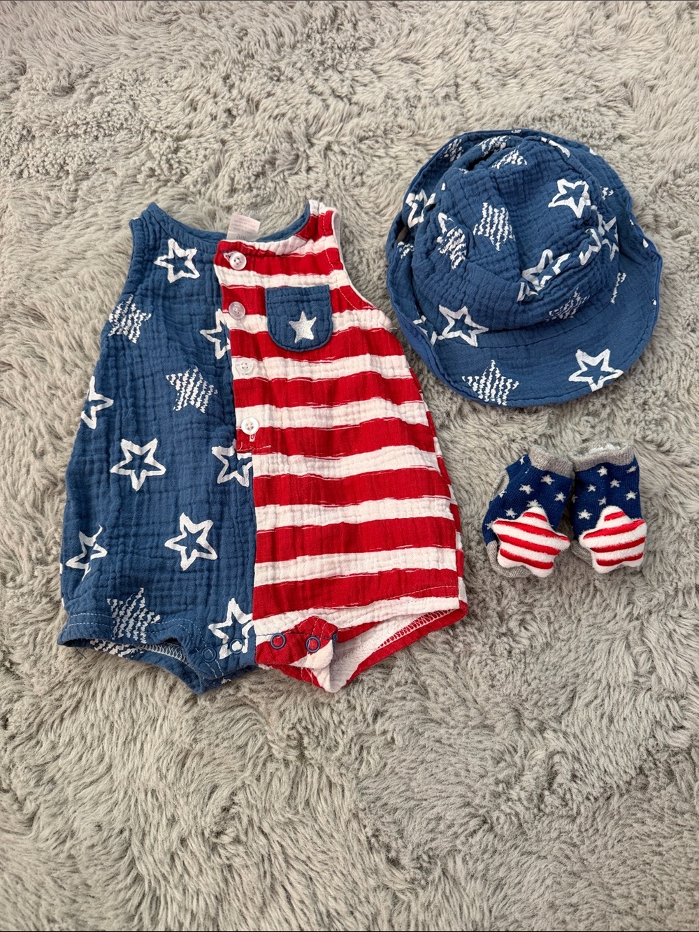 Red White and Blue Stars & Stripes One-Piece with Hat and Rattle Socks